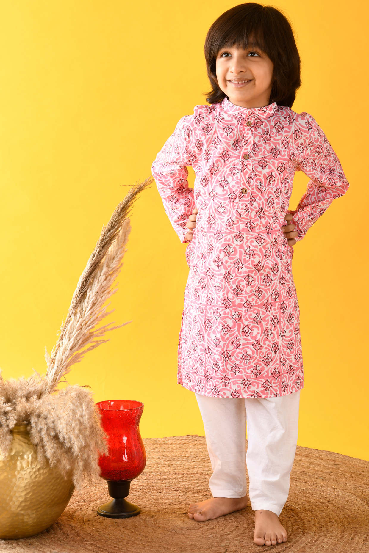 Pink Hand Block Printed Kurta Set For Boys by KALP at Pernia's Pop Up Shop
