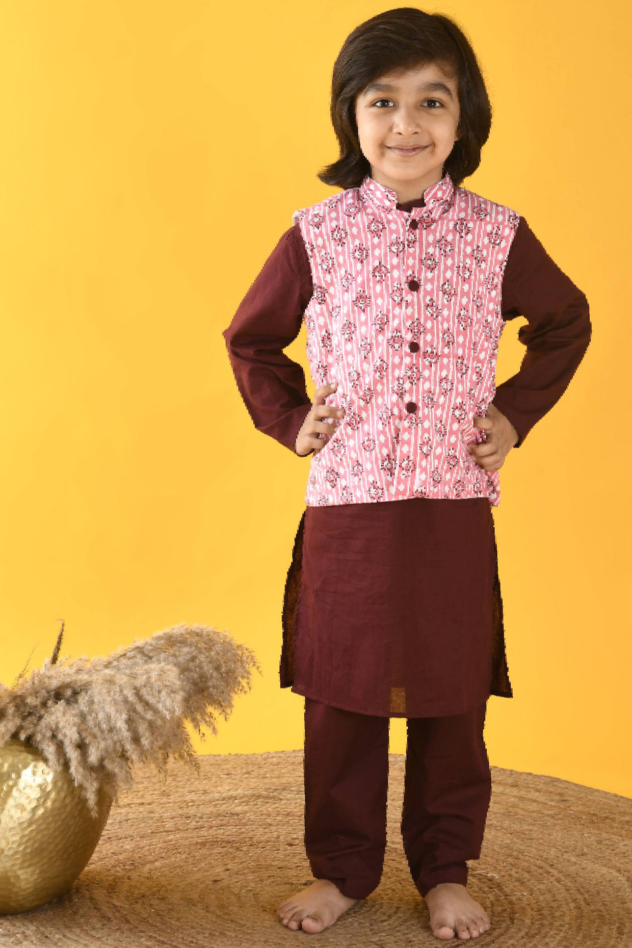 Pink Printed Bundi Jacket With Kurta Set For Boys by KALP at Pernia's Pop Up Shop