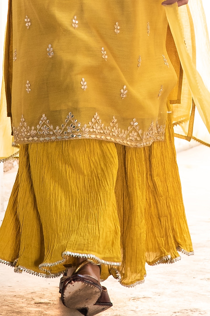 Mustard Mulmul Sharara Set by Kameez at Pernia's Pop Up Shop