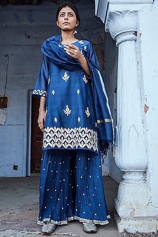 Cobalt Blue Mulmul Sharara Set by Kameez