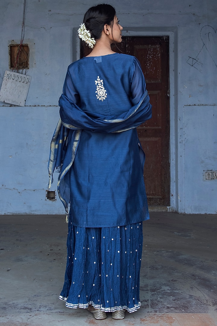 Cobalt Blue Mulmul Sharara Set by Kameez at Pernia's Pop Up Shop