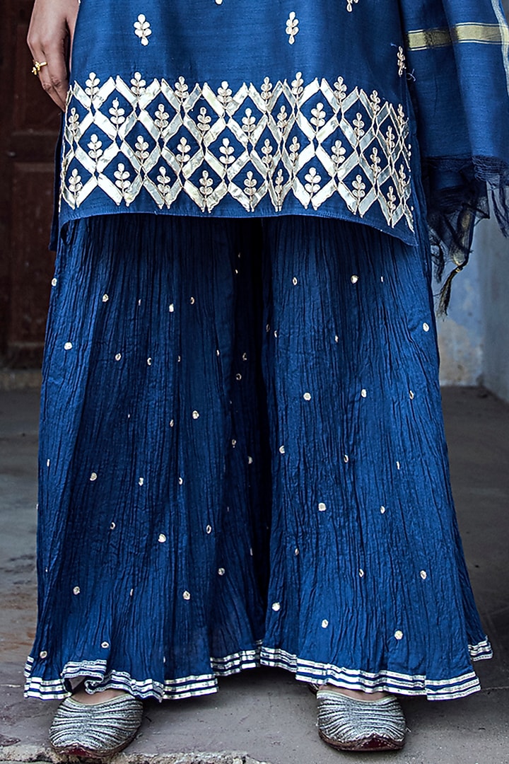 Cobalt Blue Mulmul Sharara Set by Kameez at Pernia's Pop Up Shop
