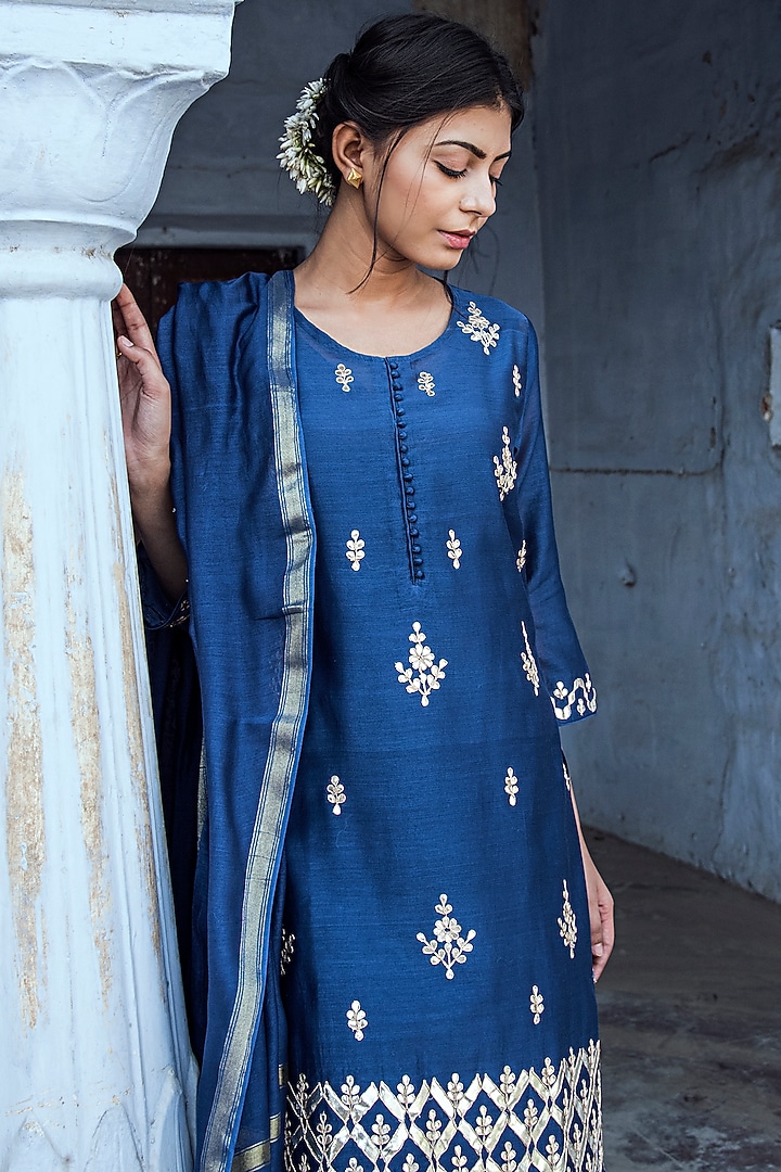 Cobalt Blue Mulmul Sharara Set by Kameez at Pernia's Pop Up Shop