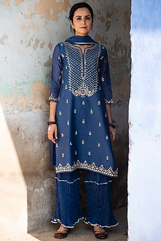 Cobalt Blue Sharara Set In Mulmul by Kameez