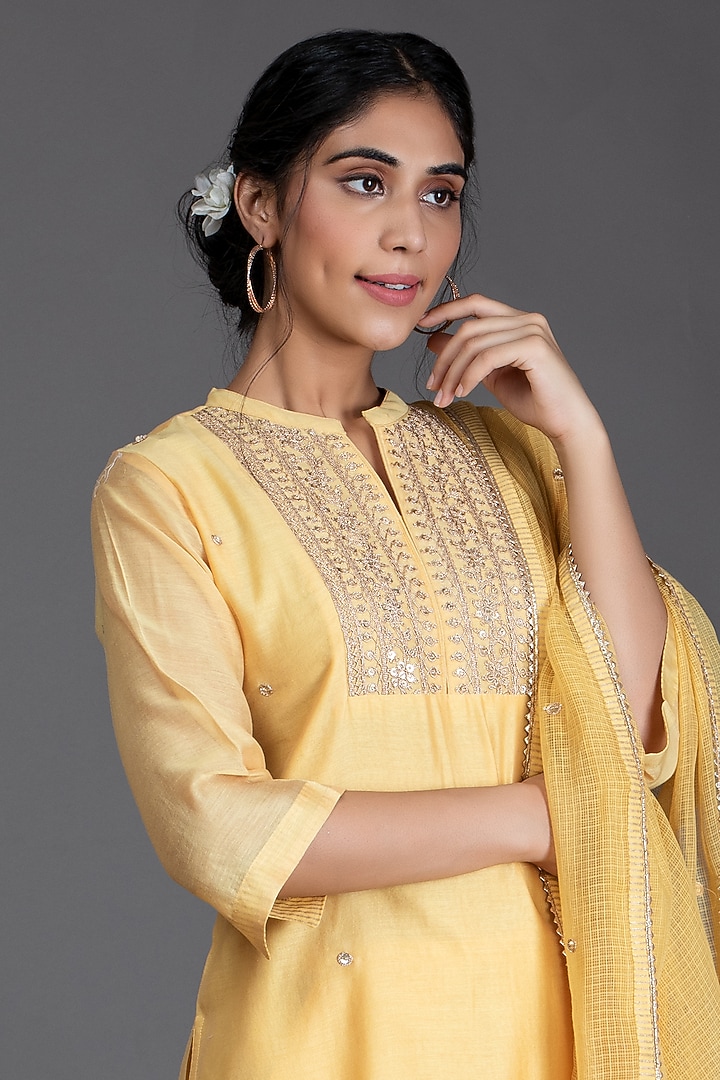 Daffodil Yellow Embroidered Kurta Set by Kameez at Pernia's Pop Up Shop