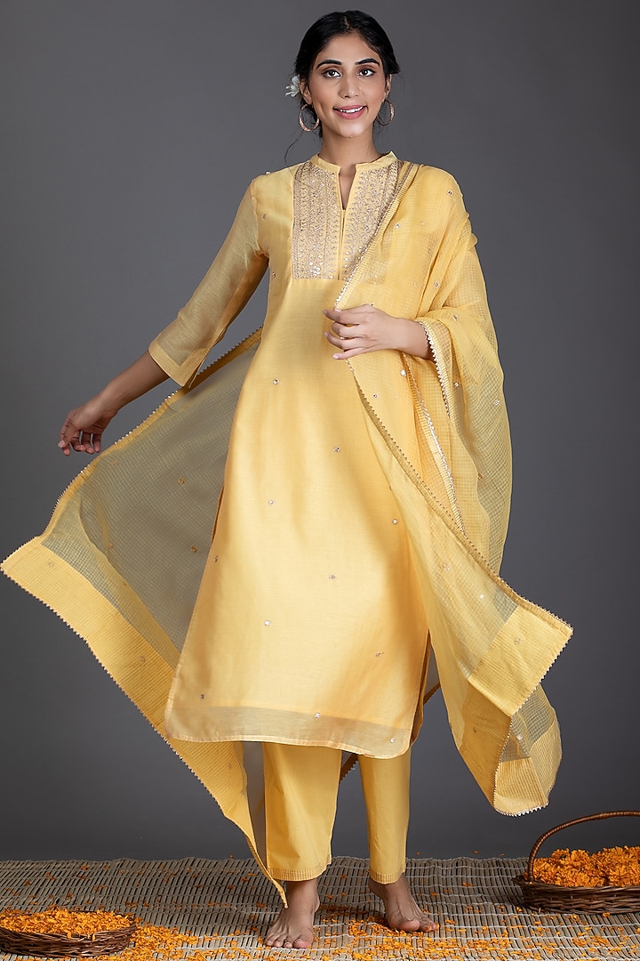 Daffodil Yellow Embroidered Kurta Set by Kameez at Pernia's Pop Up Shop