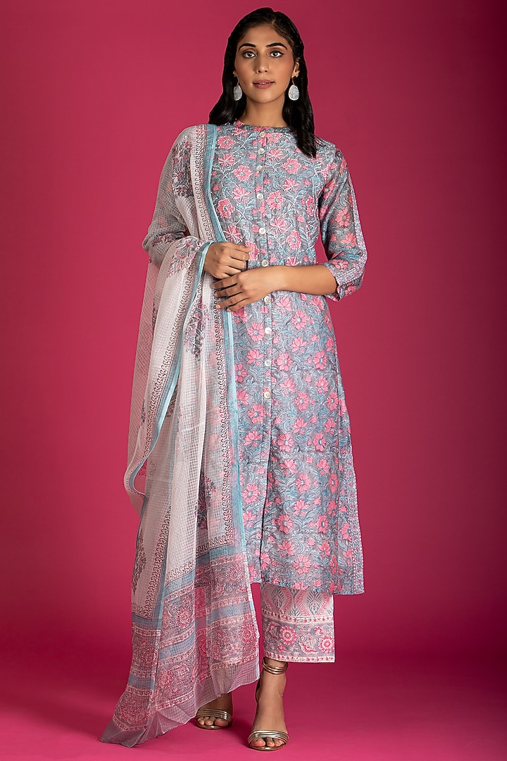 Coral Purple Hand Block Printed Kurta Set by Kameez at Pernia's Pop Up Shop