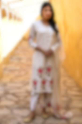 White & Light Red Cotton Printed Kurta Set by Kameez at Pernia's Pop Up Shop