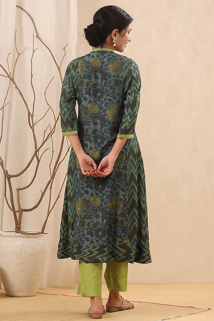 Green Ajrakh Printed Kurta Set by Kameez at Pernia's Pop Up Shop