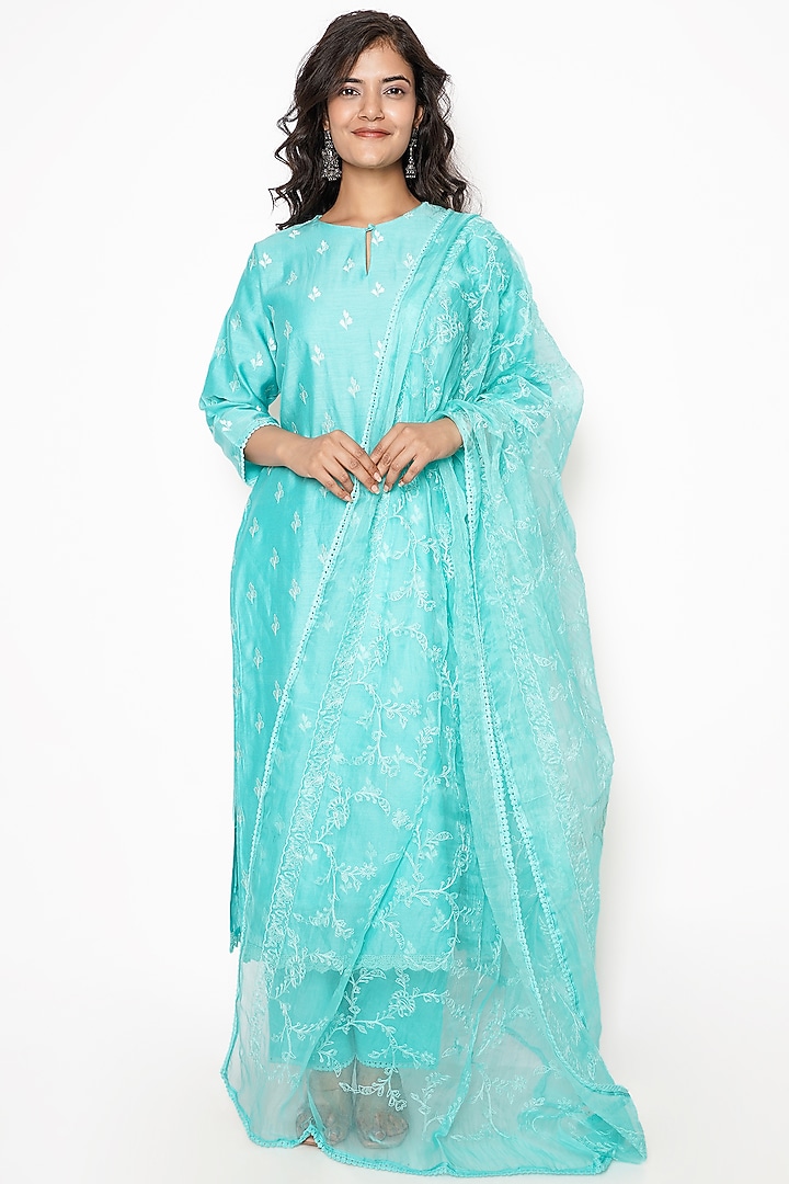 Aqua Blue Chanderi Embroidered Kurta Set by Kameez at Pernia's Pop Up Shop