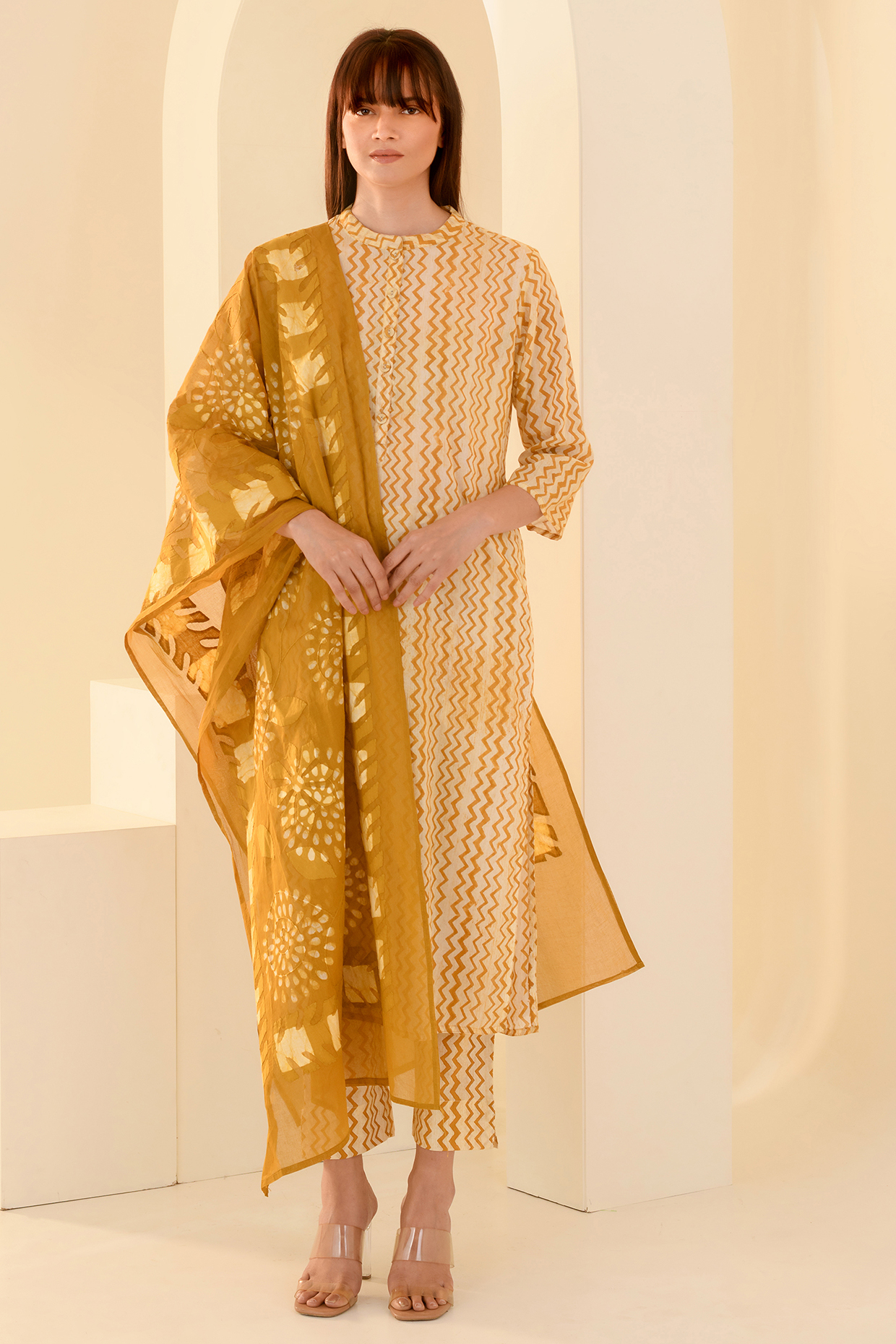 Yellow Mulmul Hand Block Printed Kurta Set by Kameez at Pernia's Pop Up Shop