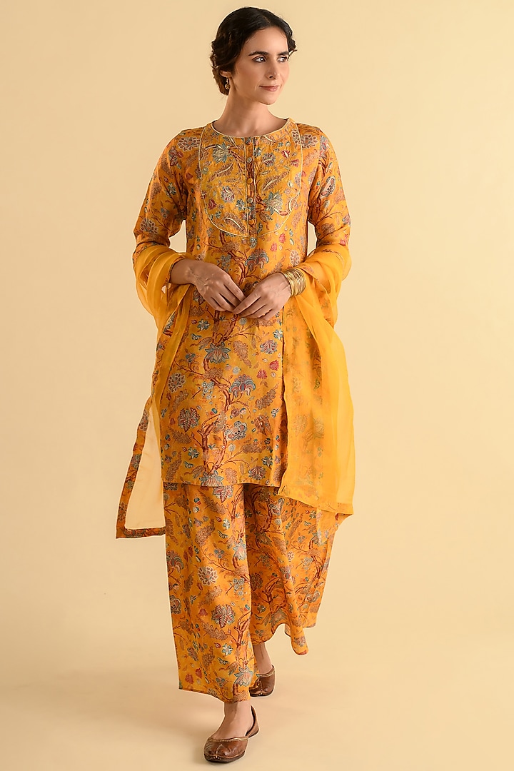 Yellow Silk Floral Printed Sharara Set by Kameez at Pernia's Pop Up Shop