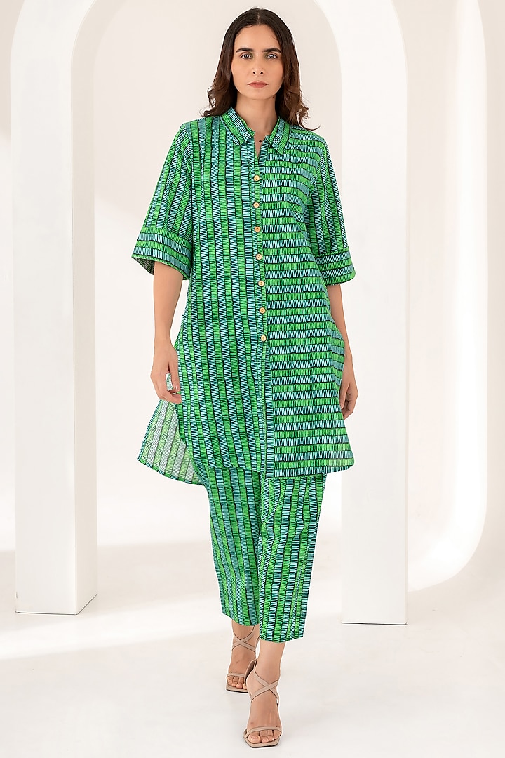 Green Cotton Printed Co-Ord Set by Kameez