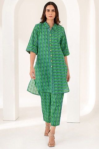 Green Cotton Printed Co-Ord Set by Kameez