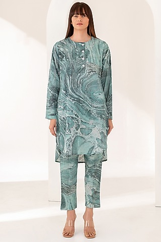 Mint Cotton Marble Printed Co-Ord Set by Kameez