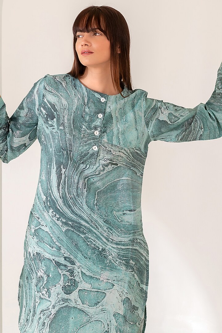 Mint Cotton Marble Printed Co-Ord Set by Kameez at Pernia's Pop Up Shop
