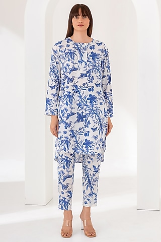 Blue Cotton Digital Printed Co-Ord Set by Kameez