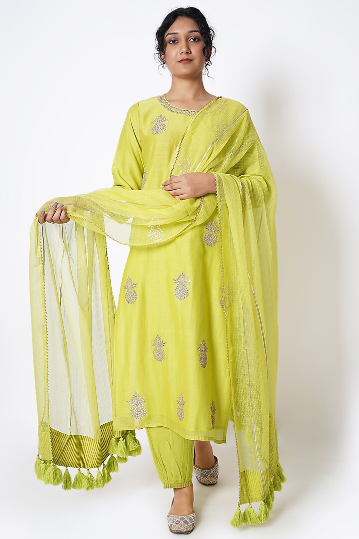 Lime Yellow Chanderi Gota Embroidered Kurta Set by Kameez