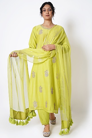 Lime Yellow Chanderi Gota Embroidered Kurta Set by Kameez
