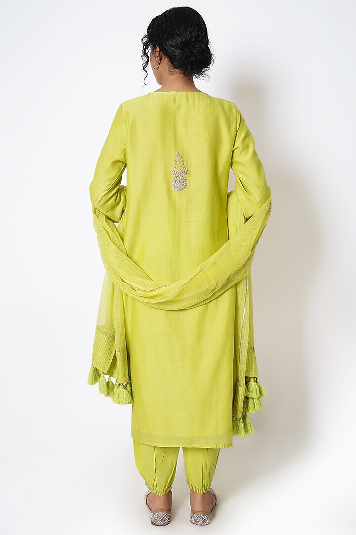 Lime Yellow Chanderi Gota Embroidered Kurta Set by Kameez at Pernia's Pop Up Shop
