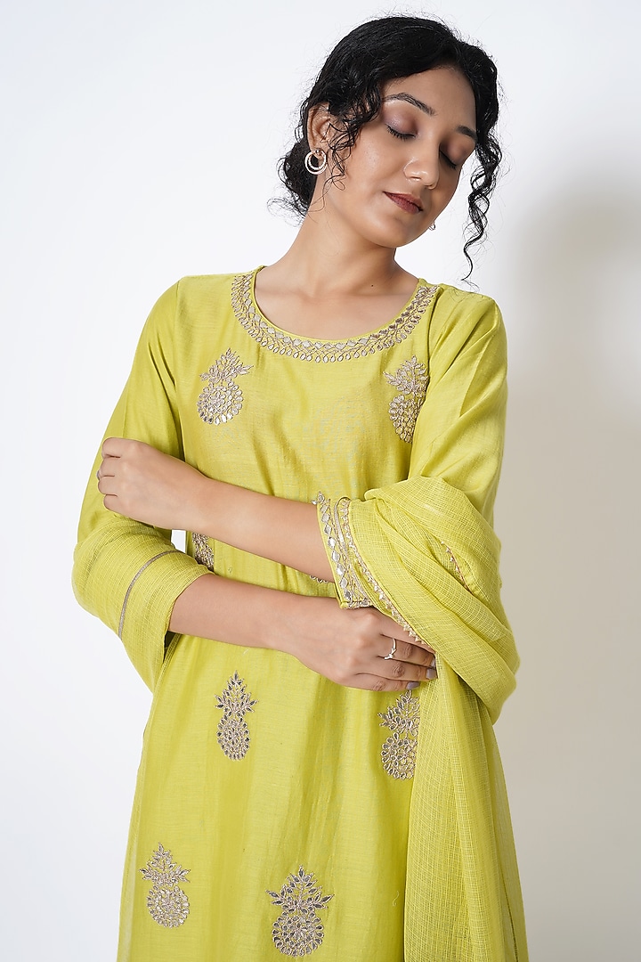 Lime Yellow Chanderi Gota Embroidered Kurta Set by Kameez at Pernia's Pop Up Shop