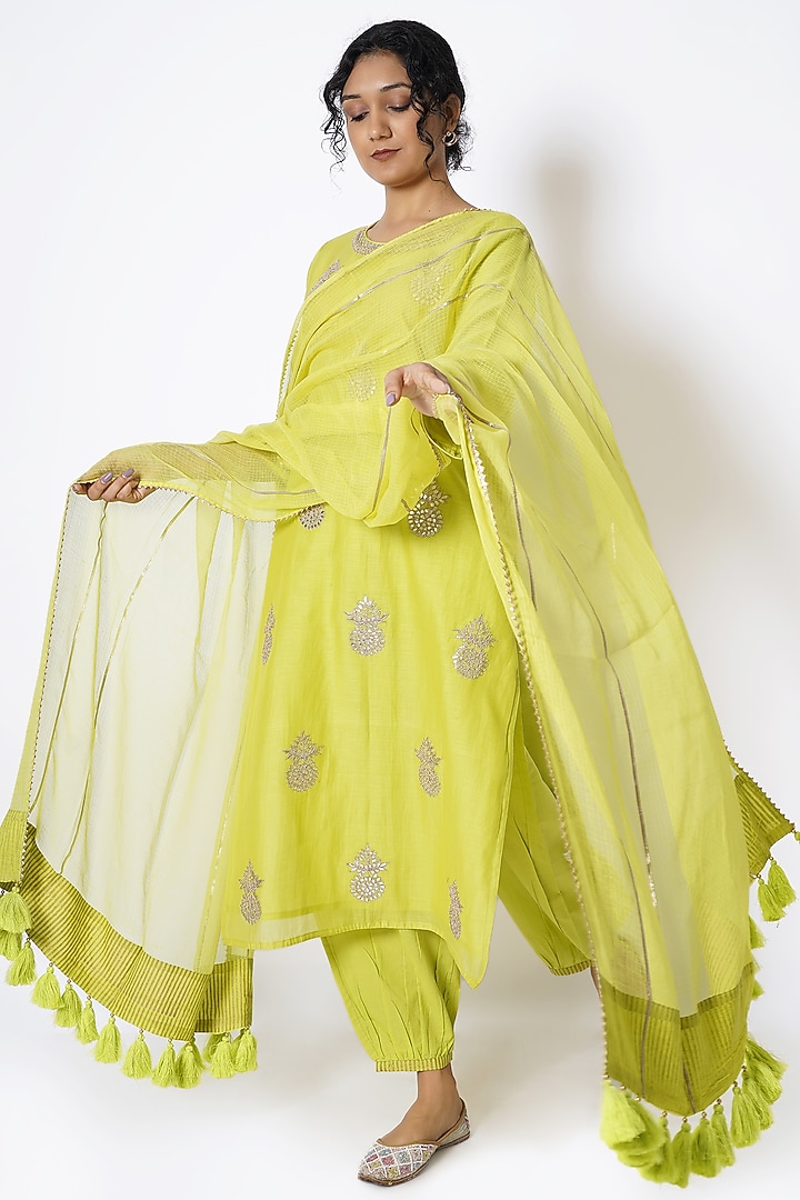 Lime Yellow Chanderi Gota Embroidered Kurta Set by Kameez at Pernia's Pop Up Shop