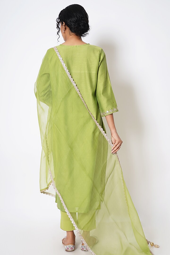 Olive Green Chanderi Floral Gota Embroidered Kurta Set by Kameez at Pernia's Pop Up Shop