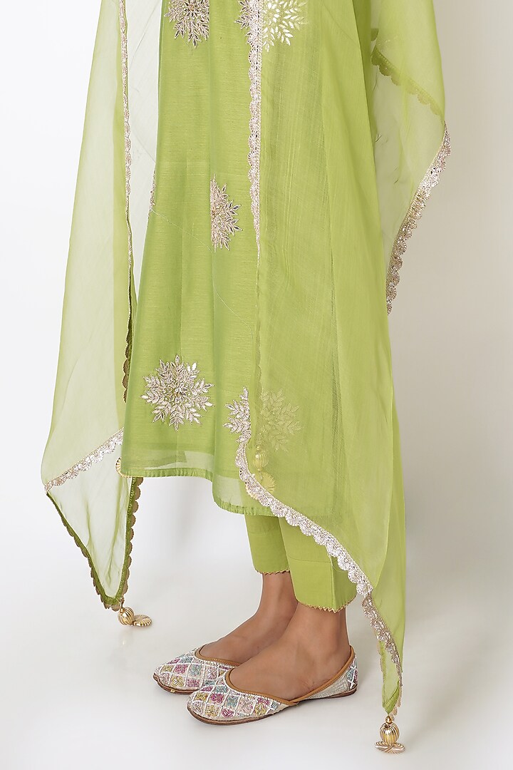 Olive Green Chanderi Floral Gota Embroidered Kurta Set by Kameez at Pernia's Pop Up Shop