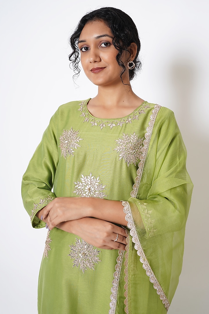 Olive Green Chanderi Floral Gota Embroidered Kurta Set by Kameez at Pernia's Pop Up Shop