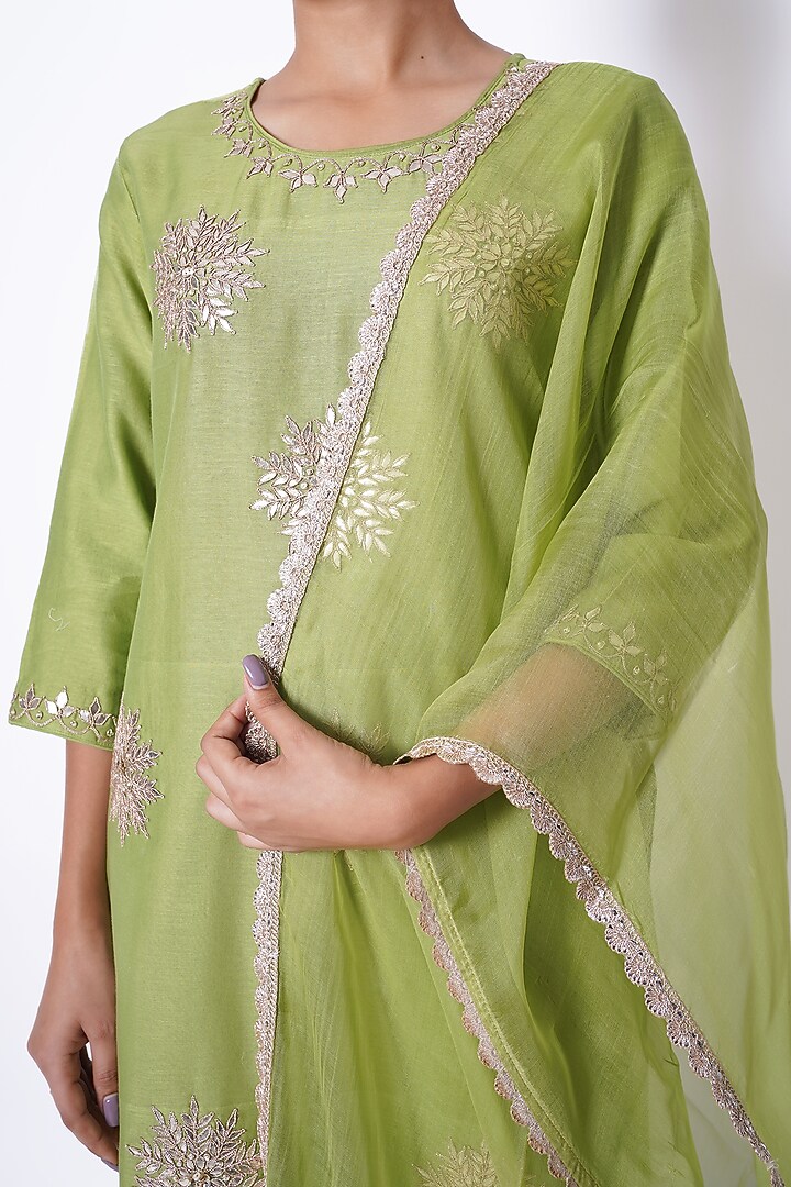 Olive Green Chanderi Floral Gota Embroidered Kurta Set by Kameez at Pernia's Pop Up Shop