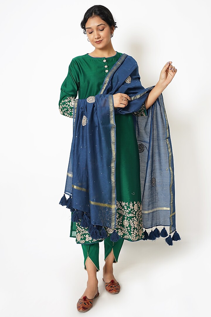 Bottle Green Chanderi Gota Embroidered Kurta Set by Kameez at Pernia's Pop Up Shop