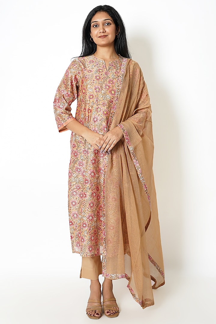 Tan-Brown Chanderi Floral Hand Block Printed Kurta Set by Kameez at Pernia's Pop Up Shop