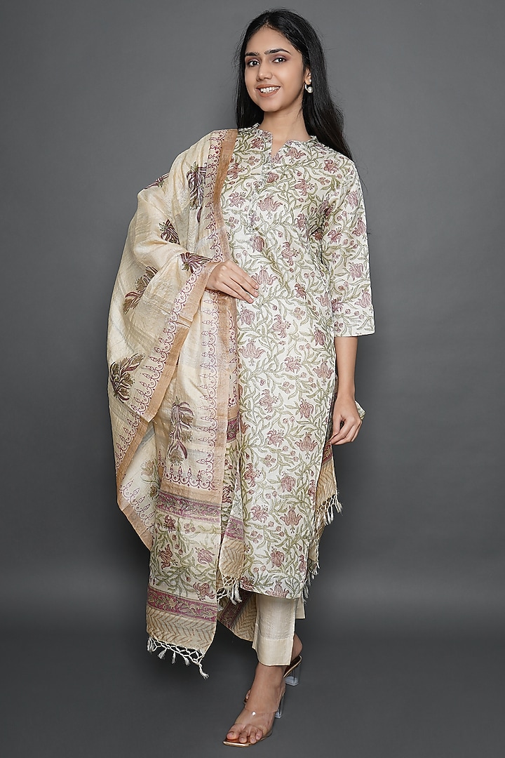 Blue Tussar Silk Floral Hand Block Printed Kurta With Dupatta by Kameez at Pernia's Pop Up Shop