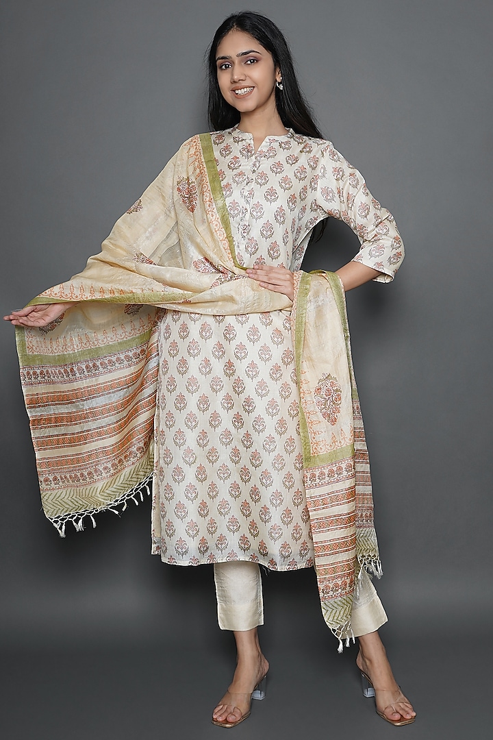 Ivory Tussar Silk Floral Hand Block Printed Kurta With Dupatta by Kameez at Pernia's Pop Up Shop