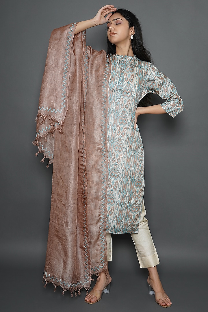 Blue & White Tussar Silk Floral Hand Block Printed Kurta With Dupatta by Kameez at Pernia's Pop Up Shop