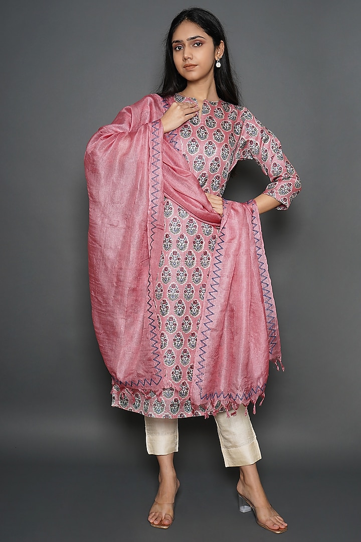 Rouge Pink Tussar Silk Floral Hand Block Printed Kurta With Dupatta by Kameez at Pernia's Pop Up Shop