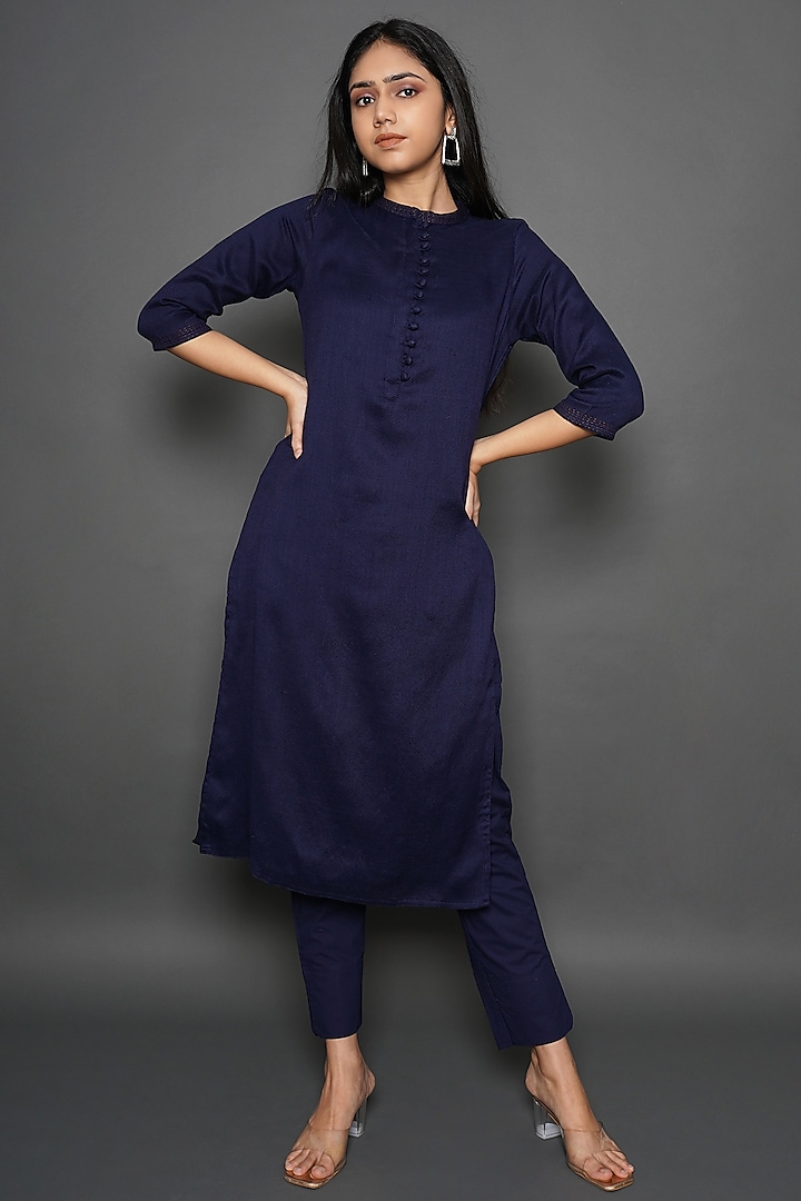 Blue Wool Kurta Set by Kameez at Pernia's Pop Up Shop