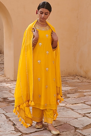 Mustard Embroidered Kurta Set by Kameez