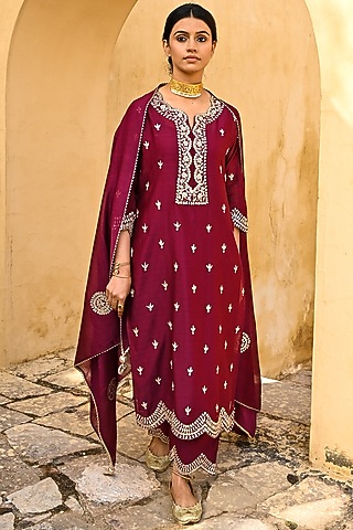 Carmine Embroidered Kurta Set by Kameez