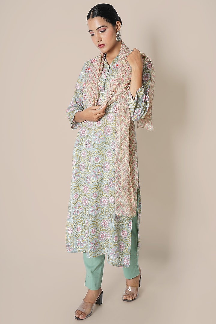 Light Aqua Modal Cotton Printed Kurta Set by Kameez at Pernia's Pop Up Shop