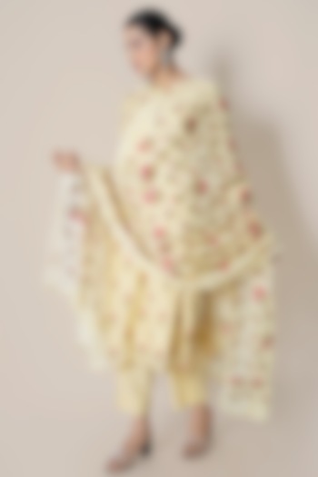 Pale Yellow Chanderi Silk Embroidered Kurta Set by Kameez