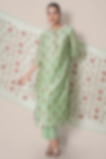 Mint Chanderi Silk Embroidered Kurta Set by Kameez at Pernia's Pop Up Shop