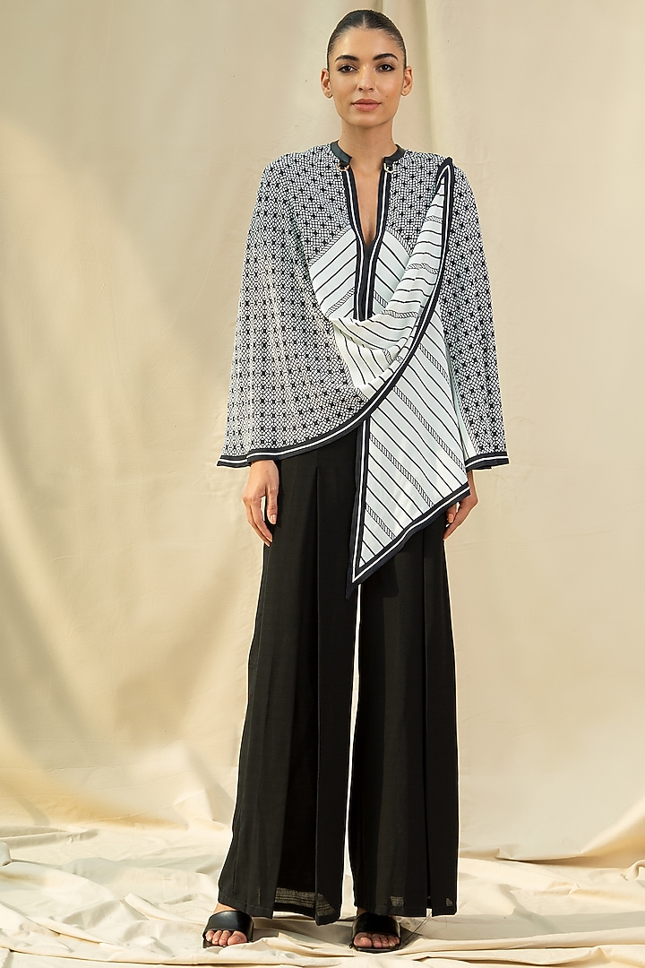 White & Black Printed Asymmetrical Cape by Kamaali Pret at Pernia's Pop Up Shop