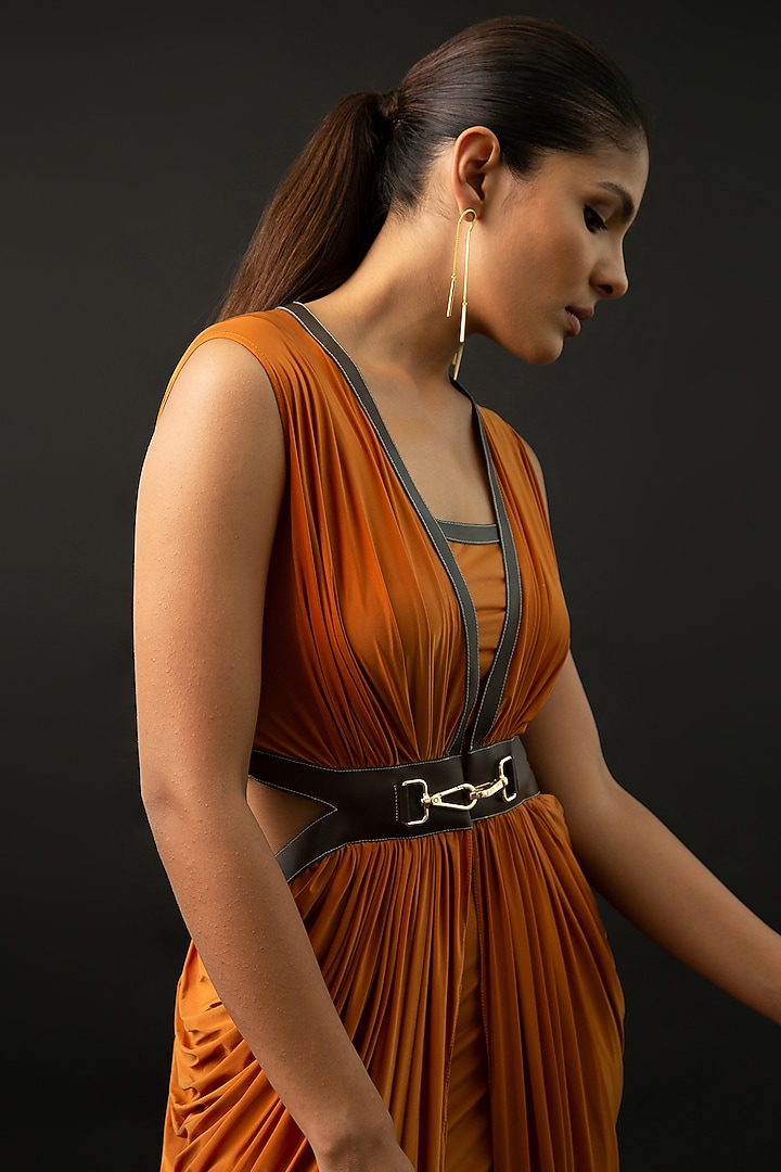 orange toga dress Tan Brown Nylon Lycra Toga Dress Design by Kamaali Pret at Pernia's Pop Up  Shop 2026