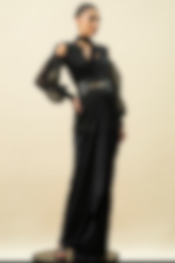 Black Organza & Nylon Lycra Jacket Wedding Saree Set by Kamaali Pret at Pernia's Pop Up Shop