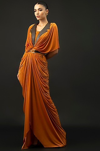 Tan Brown Nylon Lycra Draped Cowl Dress  by Kamaali Pret