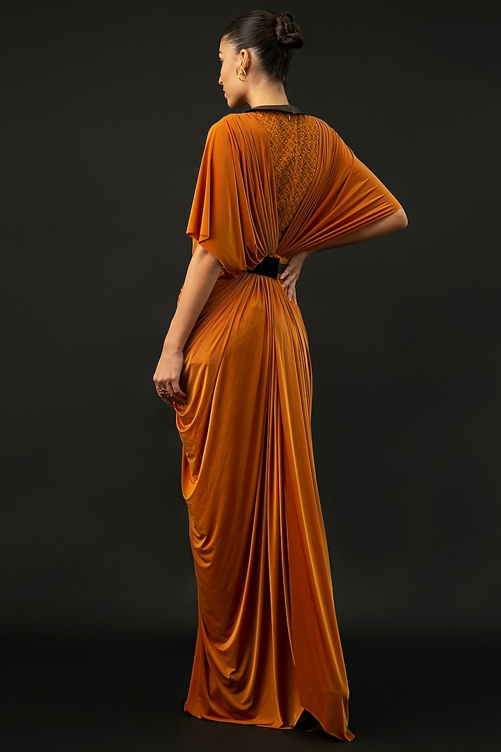 Tan Brown Nylon Lycra Draped Cowl Cocktail Dress by Kamaali Pret at Pernia's Pop Up Shop