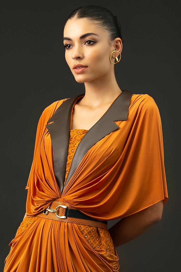 Tan Brown Nylon Lycra Draped Cowl Cocktail Dress by Kamaali Pret at Pernia's Pop Up Shop
