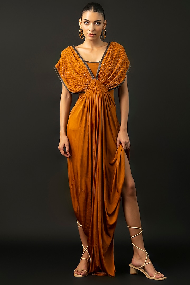 Tan Brown Embroidered Draped Jumpsuit With Inner by Kamaali Pret