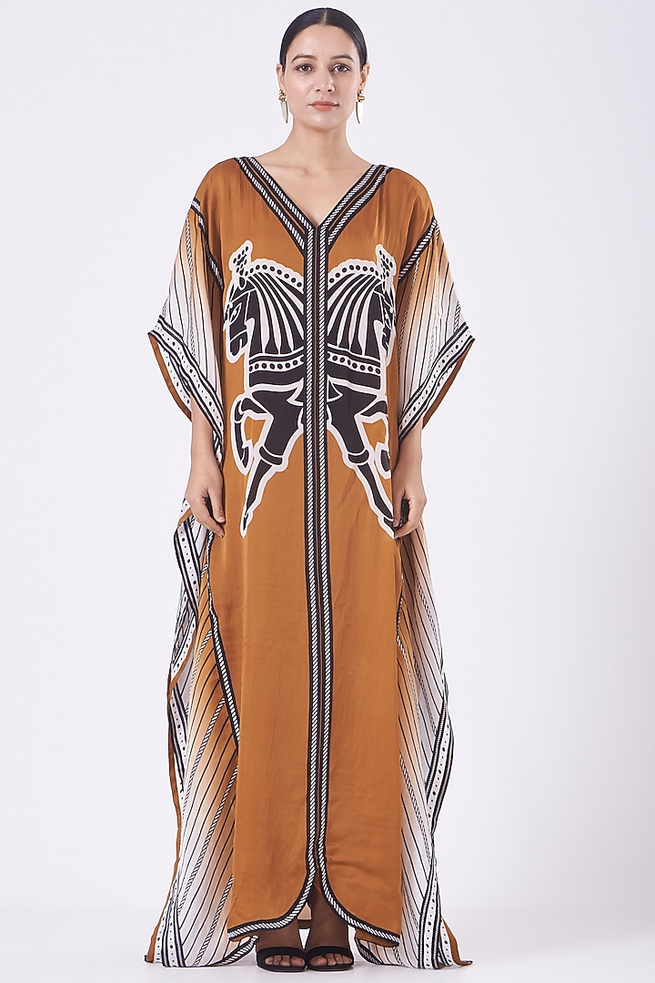 Tan Printed Long Kaftan by Kamaali Pret at Pernia's Pop Up Shop
